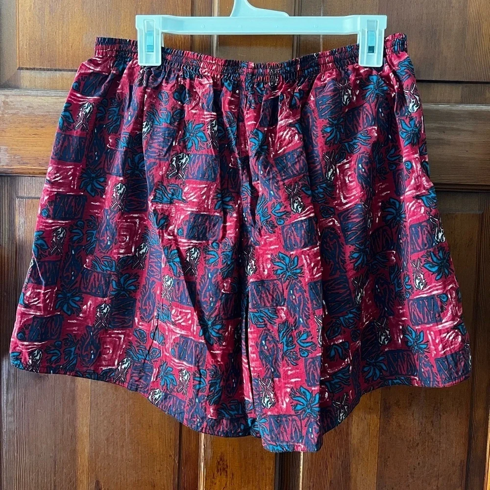 Vintage Newpork Blue Nylon Swim Shorts XL – Red & Teal Abstract Print Mesh Lined